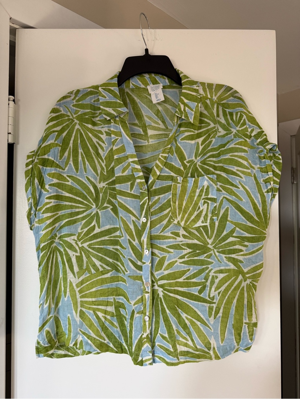 Sigrid Olsen Tropical Leaf Linen Shirt in Green & Light Blue